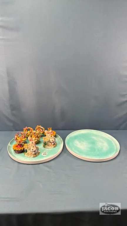 (8) EASTER BUNNY FIGURINES WITH (2) ROUND TRAYS