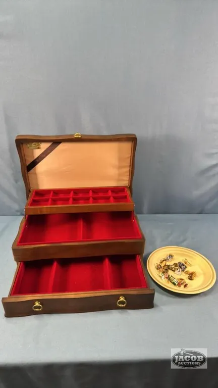 QUANTITY OF LAPEL PINS AND WOODEN JEWELRY BOX