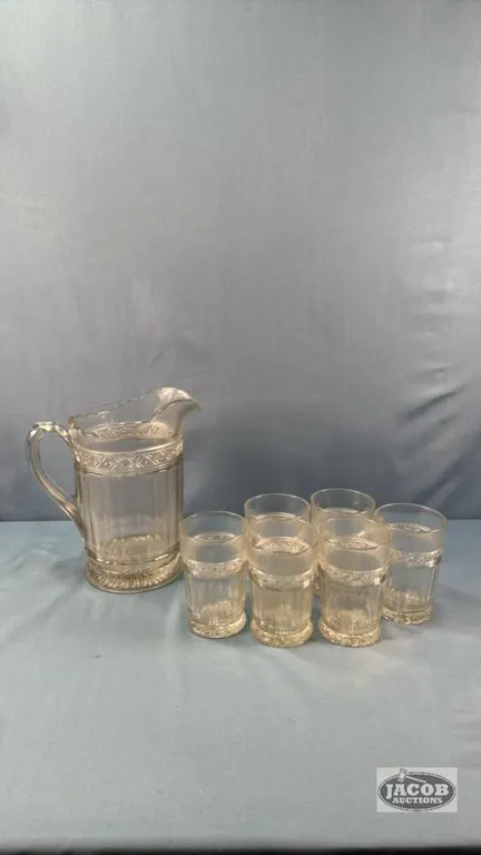 VINTAGE GLASS PITCHER WITH (6) MATCHING TUMBLERS