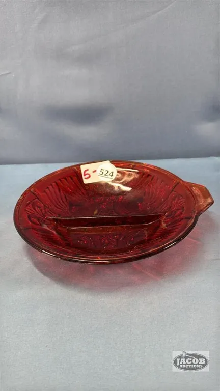 RED GLASS DIVIDED RELISH DISH