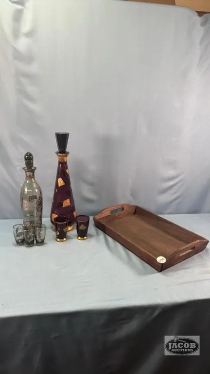 WOODEN TRAY WITH (2) DECANTERS