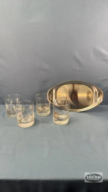 METAL TRAY WITH (4) WISKEY GLASSES