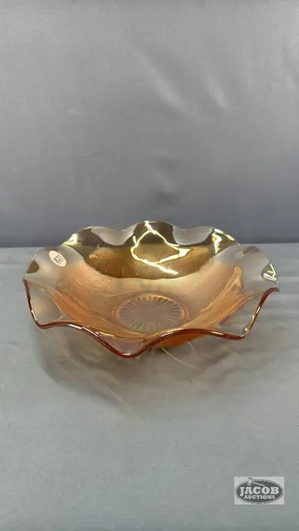 IRIS PATTERN 11IN CARNIVAL GLASS RUFFLED BOWL