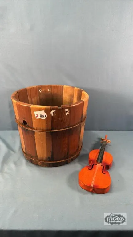 WOODEN BUCKET WITH A 12IN ORNAMENTAL VIOLIN