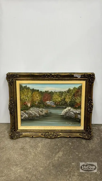 FRAMED AUTUMN SCENE ON BOARD BY DORIS CLARK