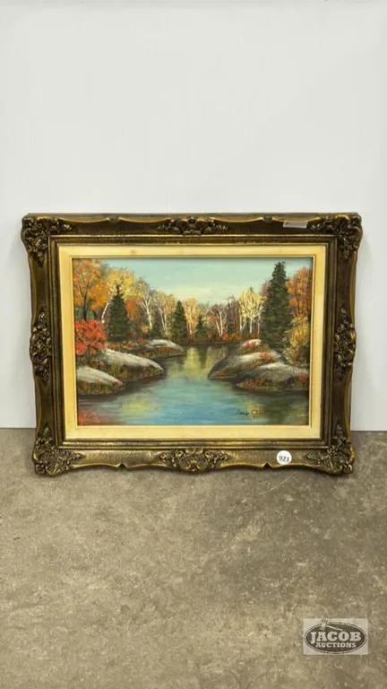 FRAMED AUTUMN SCENE ON BOARD BY DORIS CLARK