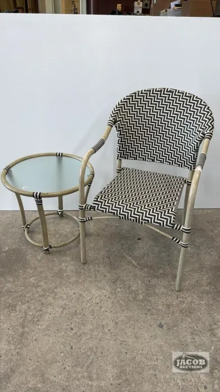 PATIO CHAIR AND MATCHING 20IN WIDE GLASS TOP TABLE