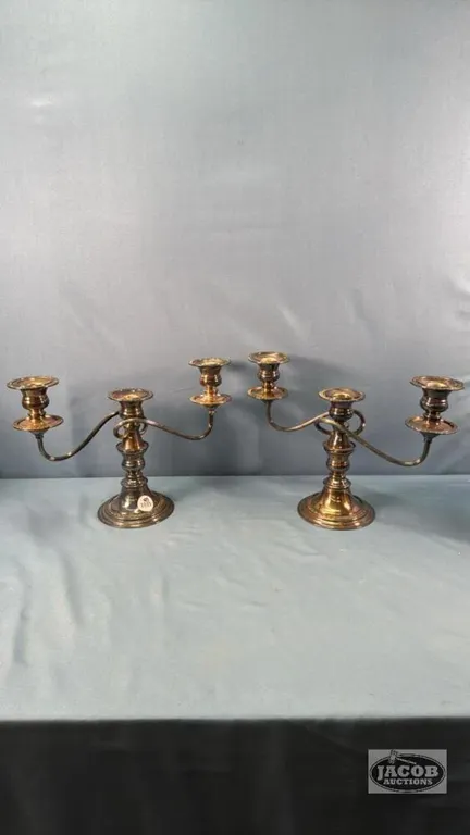 PAIR OF SILVER PLATE TRIPLE CANDLELABRA