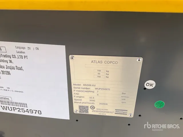 2026 Atlas Copco XAS 88 Air Compressor (Unused)