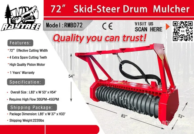 2026 Raytree RMBD72 72 in Drum Skid Steer Mulcher (Unused)