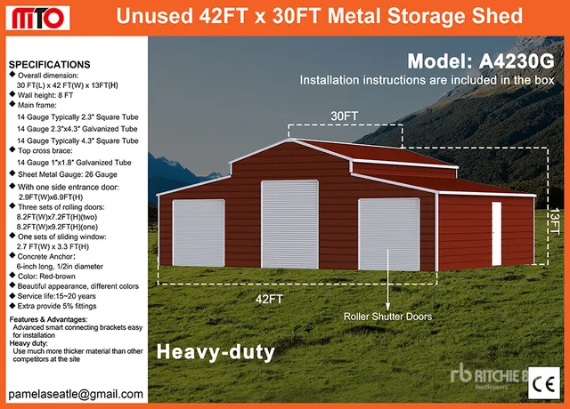 2026 MTO A4230G 42 ft x 30 ft Triple Garage Metal Shed (Unused)