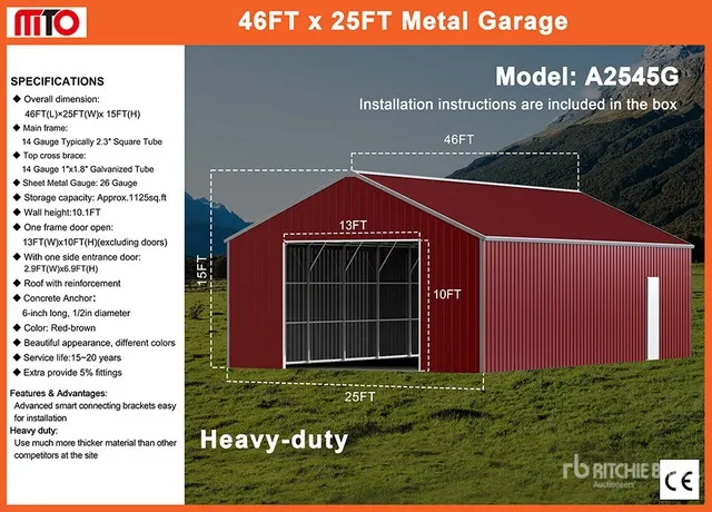 2026 MTO A2545G 25 ft x 46 ft Metal Garage Storage Building (Unused)