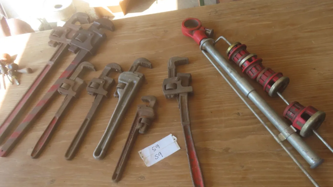 Pipe Threader and 7 Pipe Wrenches