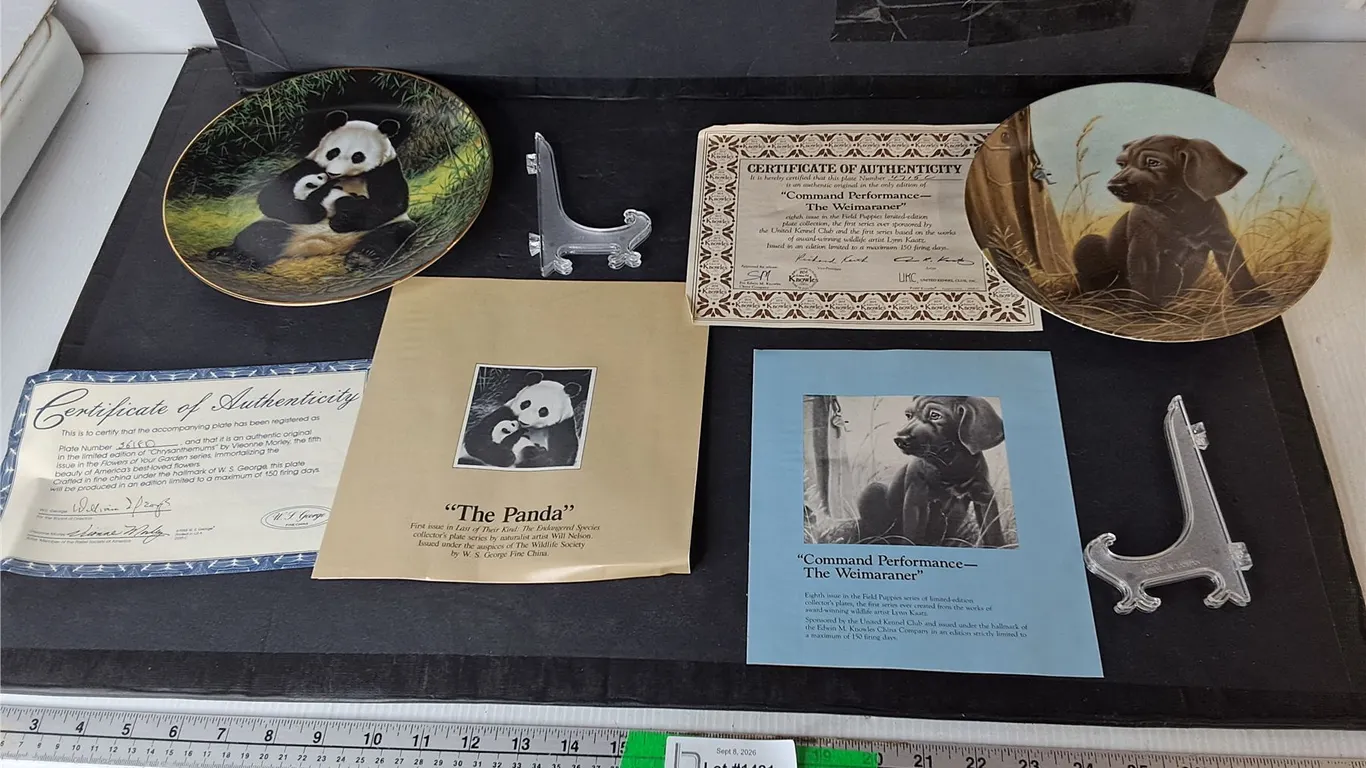 The Weimaraner & The Panda Decorative Plates with Certificates & Stands