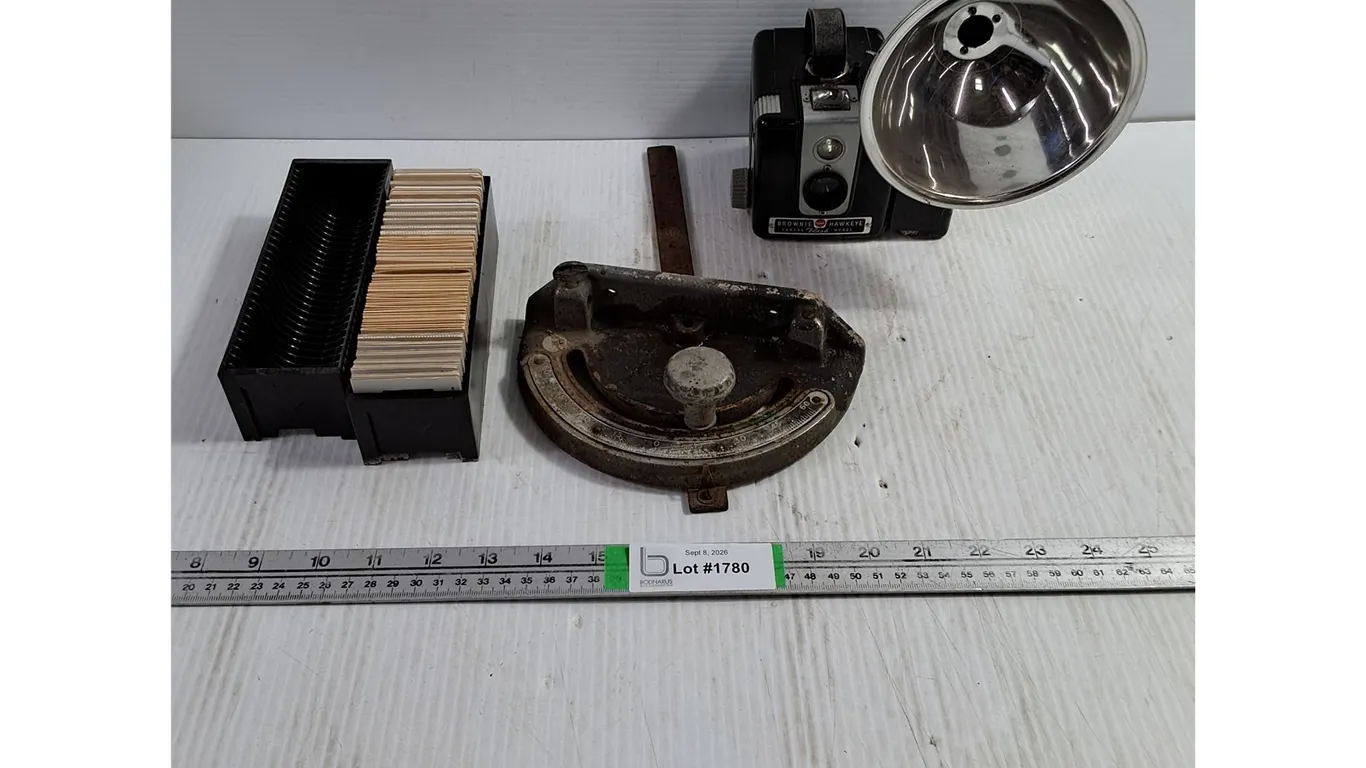 Kodak Hawkeye Box Flash Camera,Container of Slides,Table Saw Miter Gauge
