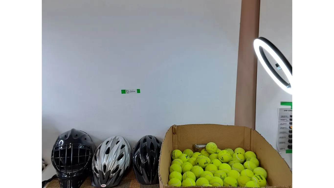 Hockey Goalie Helmet, (2) Bike Helmets (56-60 cm & 50-57 cm), Small Floor Mat, Many Tennis Balls