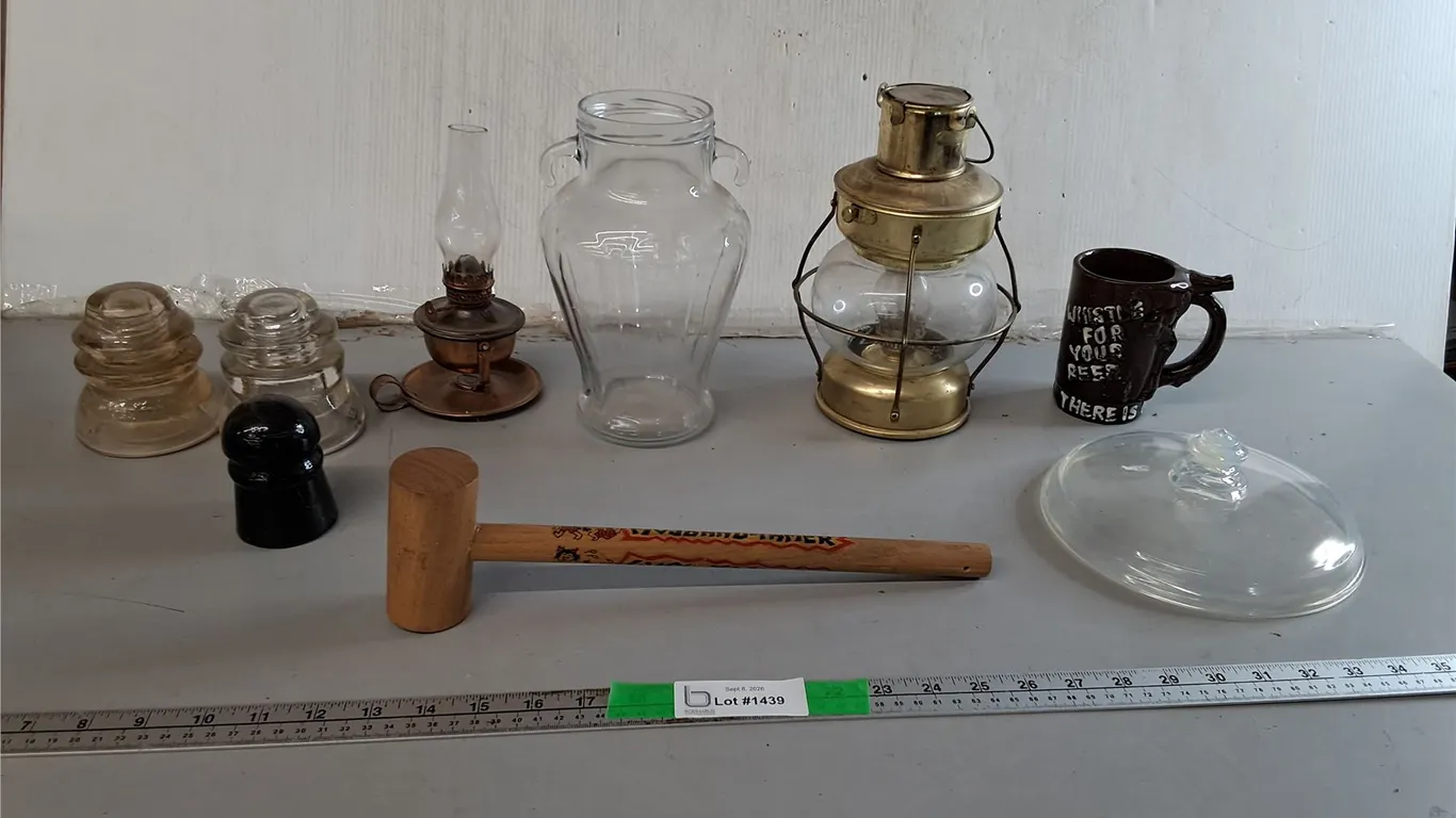 Glass Insulators, Oil Lanterns up to 9.5", Beer Mug, Misc.