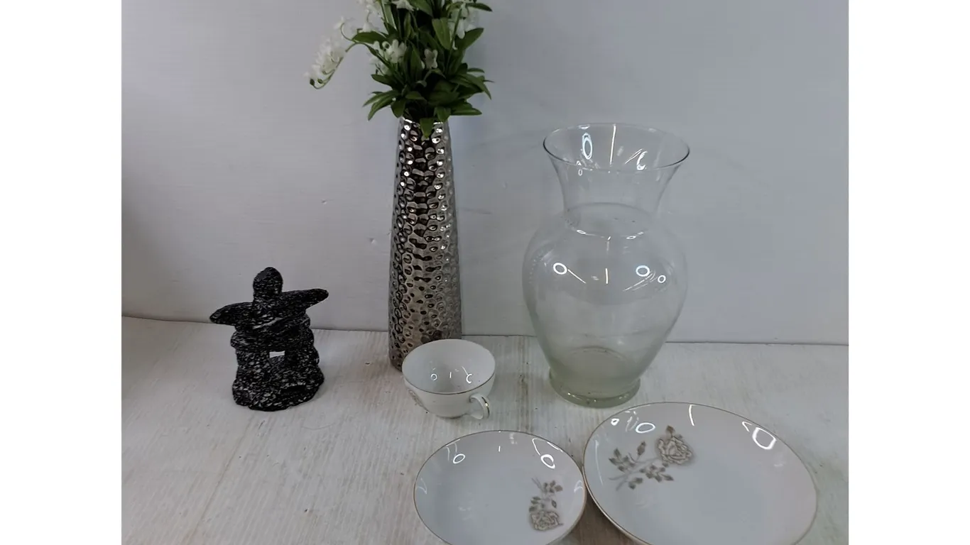 Mini Resin Inukshuk, (2) Plant Vases, Royal Rose Aristocrat Plates and Cup