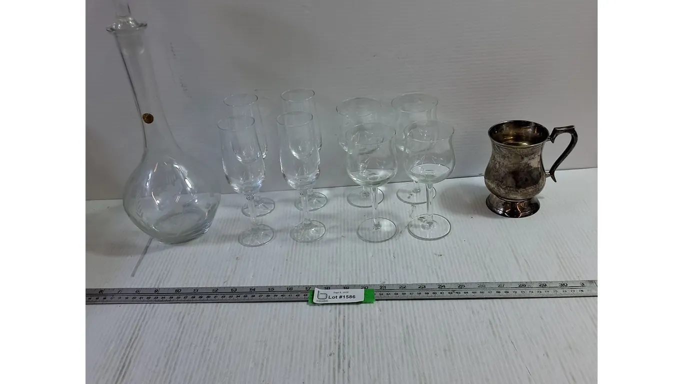 (8) Wine Glasses, Glass Vase, & Brass Cup