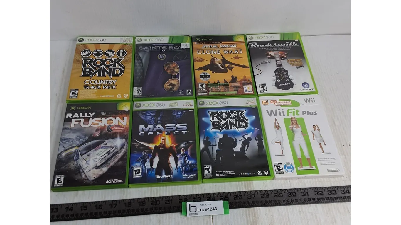 (8) XBOX360/Wii Video Games - Rock Band, Clone Wars, Mass Effect