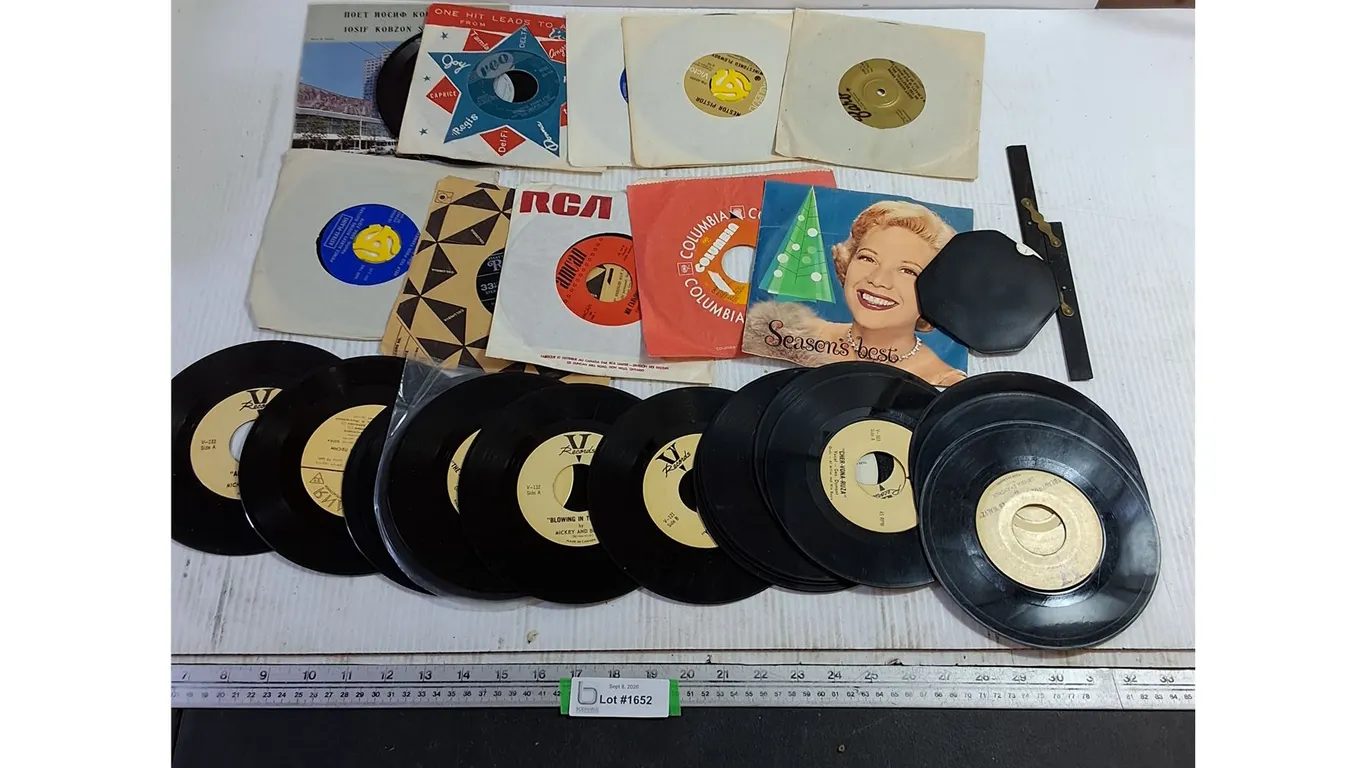 Assorted 45 Records & Circular Slide Rule