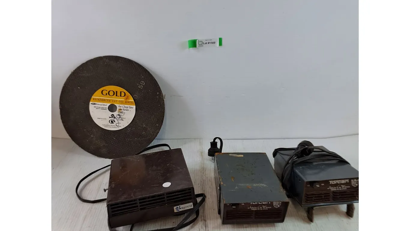 Reinforced Cut-Off Wheel 12", (3) Small Car Heaters, Baycrest and Torcan Untested As-Is