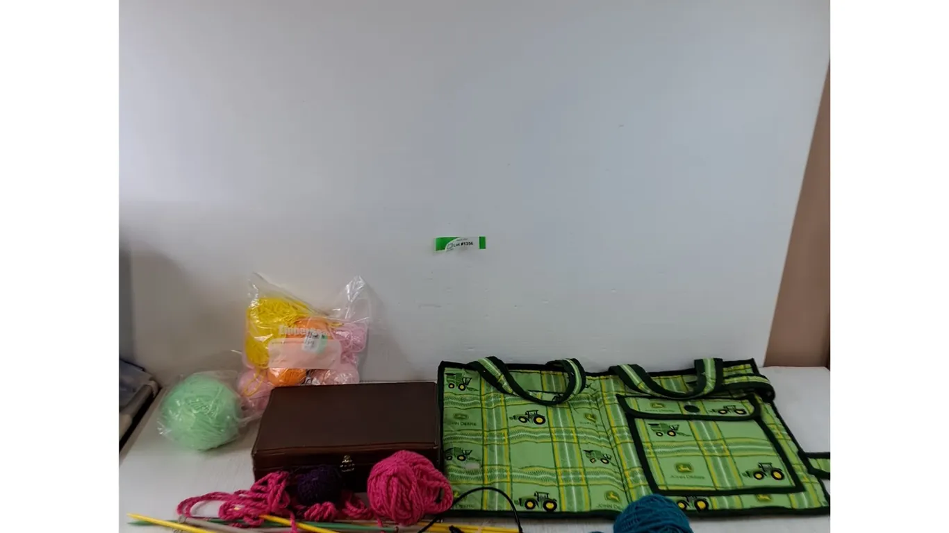 Balls of Yarm, (1) Jewelry Box, Knitting Needles, John Deere Bag