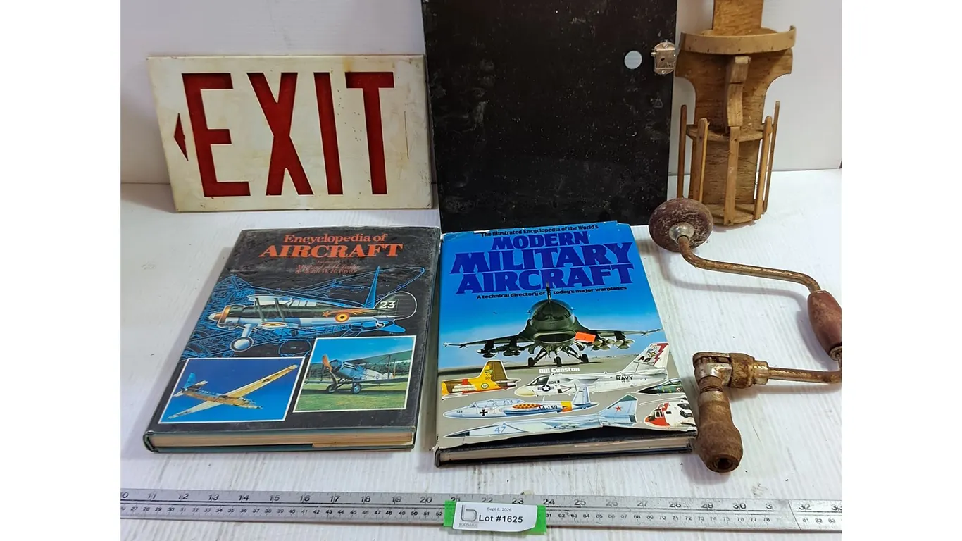 (2) Aircraft Books, Exit Sign, Wooden Wall Display, Misc