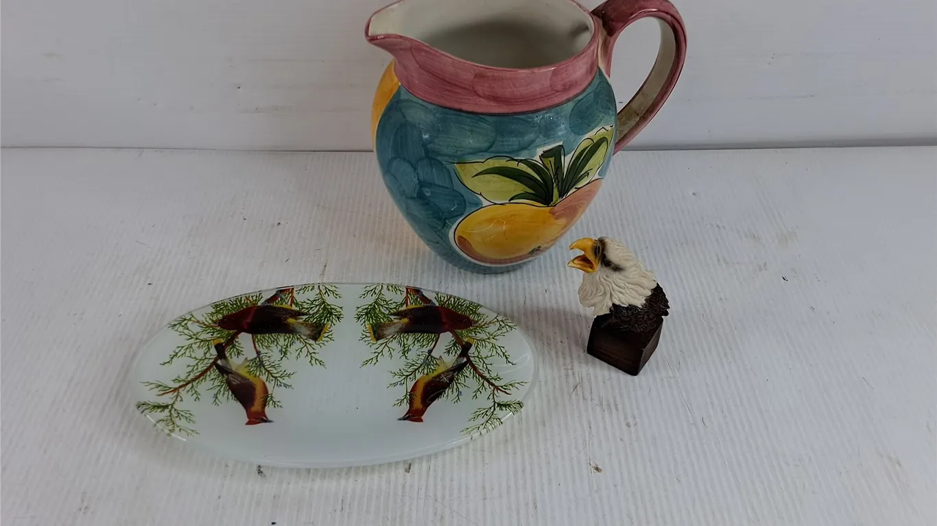 Ceramic Pitcher, Milk Glass Oval Plate, Eagle Bust