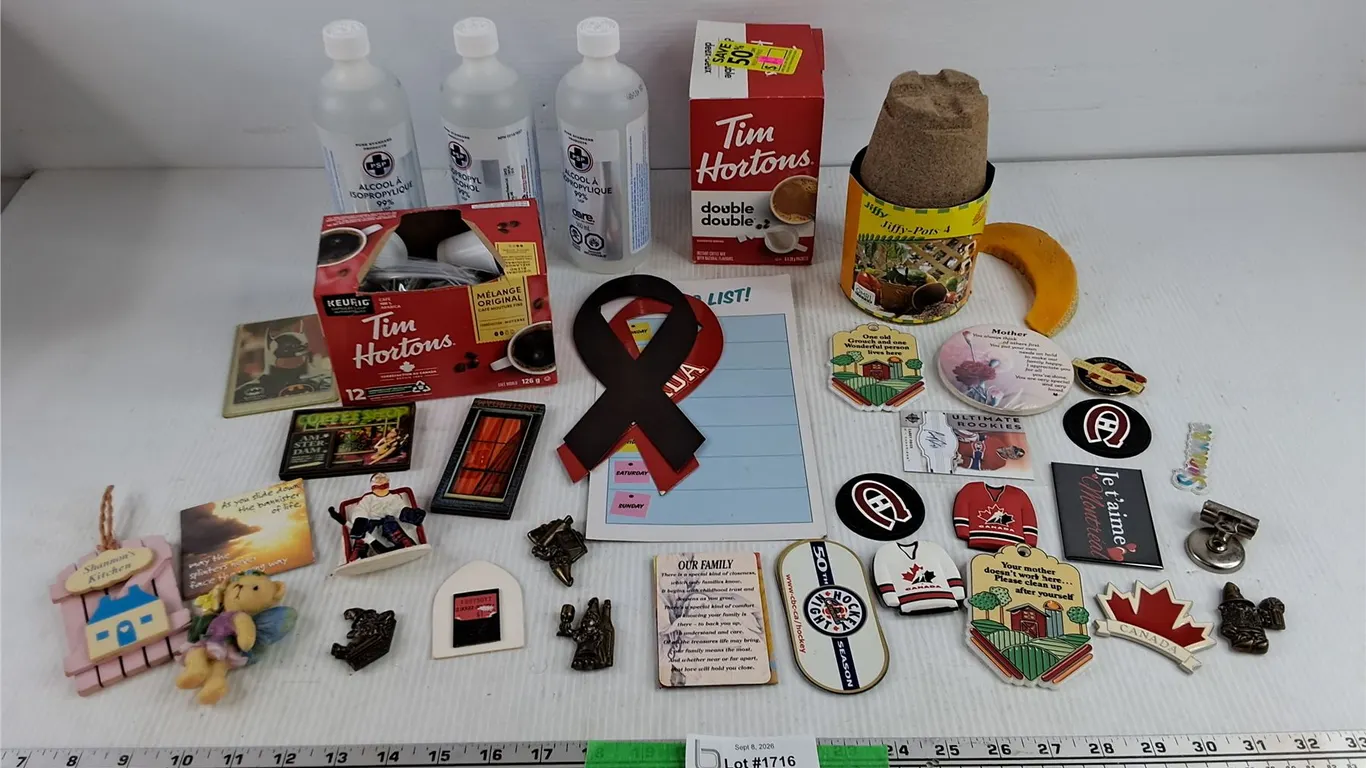 Assorted Fridge Magnets, Isopropyl Alcohol, Jiffy Pots, Tim Hortons Coffee Cups, Misc - PICKUP ONLY