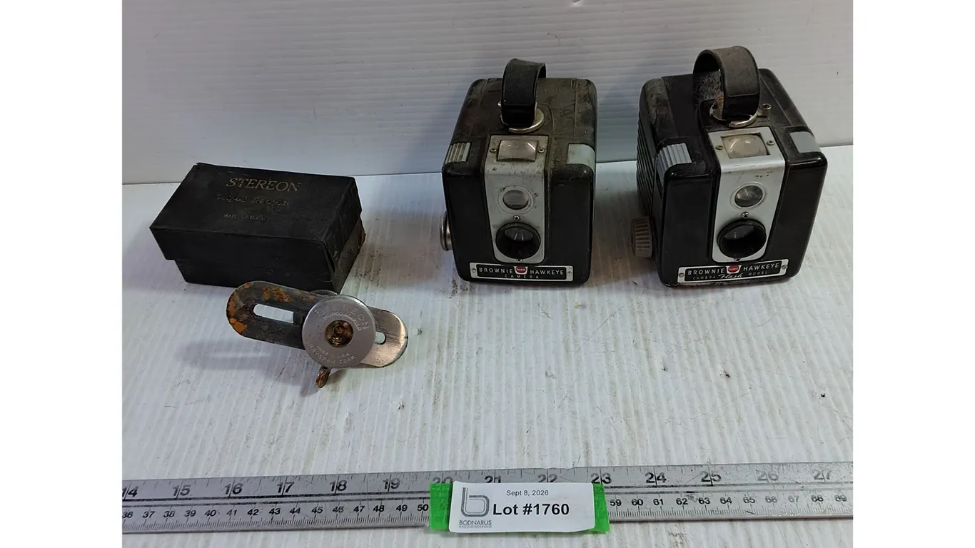 (2) Kodak Brownie Hawkeye Cameras & Stereon Tripod Adapter