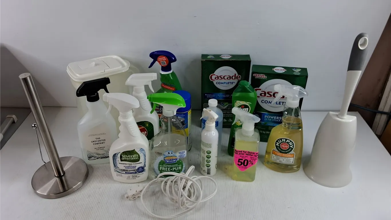 Assorted Cleaners, Toilet Brush, Paper Towel Holder, Cascade Dishwasher Capsules, Misc, Pickup Only