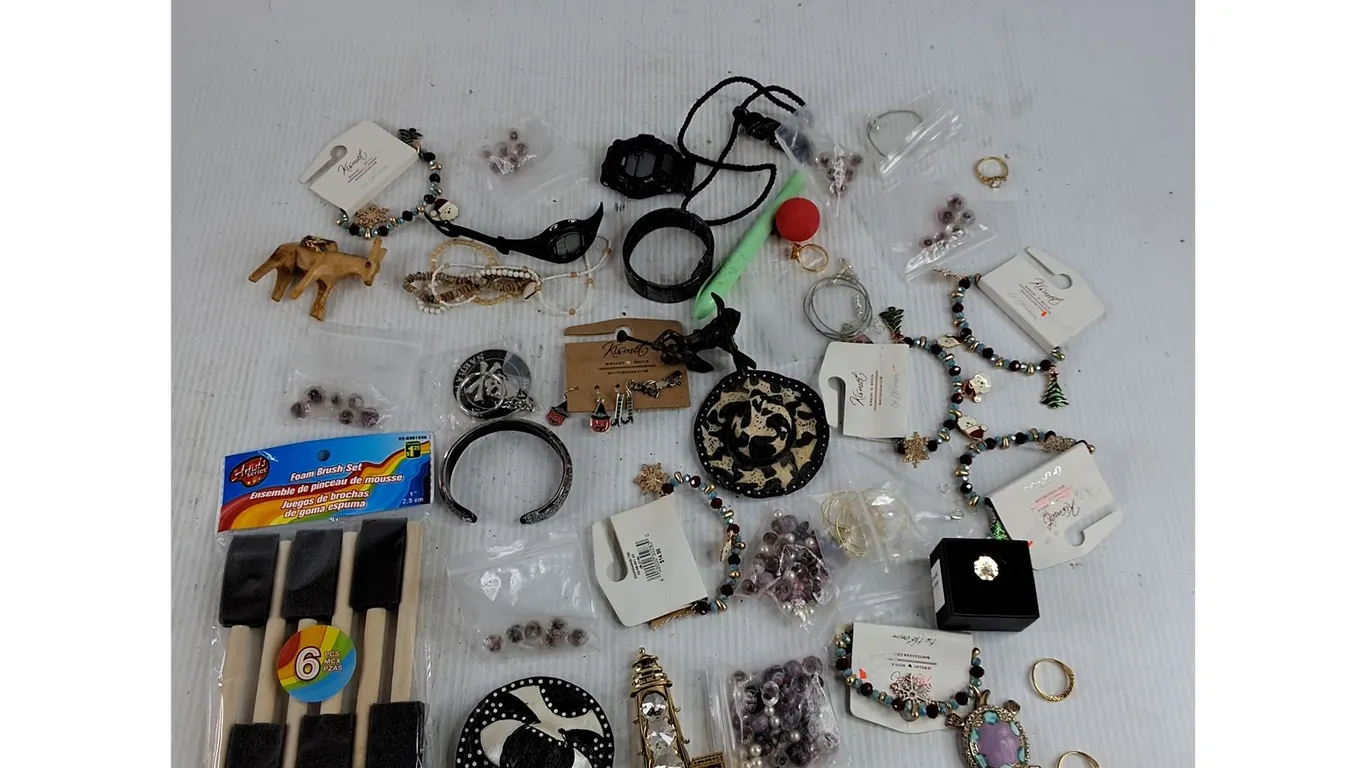 Foam Brush Set, Assorted Costume Jewelry, Digital Watches & Ornaments