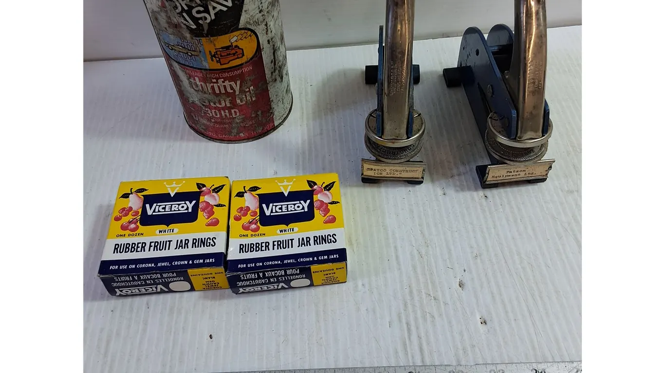 (2) Official Stampers, Viceroy Fruit Jar Rings, & Esso Auto Care Tin
