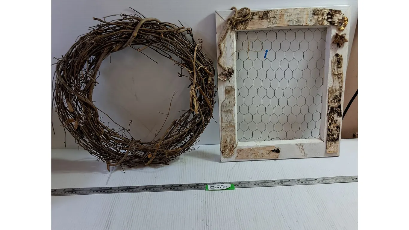 (2) Outdoor Decorations - Wooden Wreath, Wooden Frame Wire Insert 19x16"