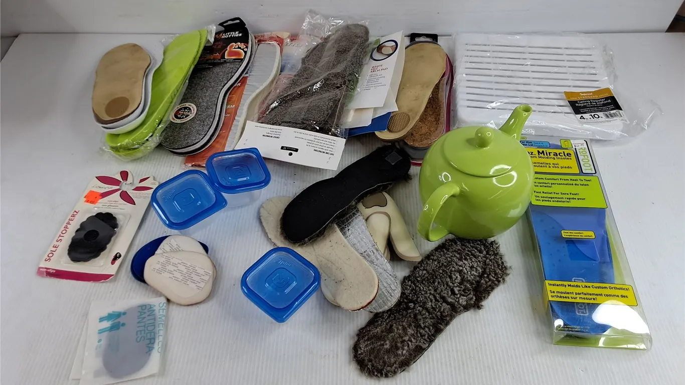 Assorted Insoles, Ceramic Tea Pot, Ceiling Register, Containers, Misc