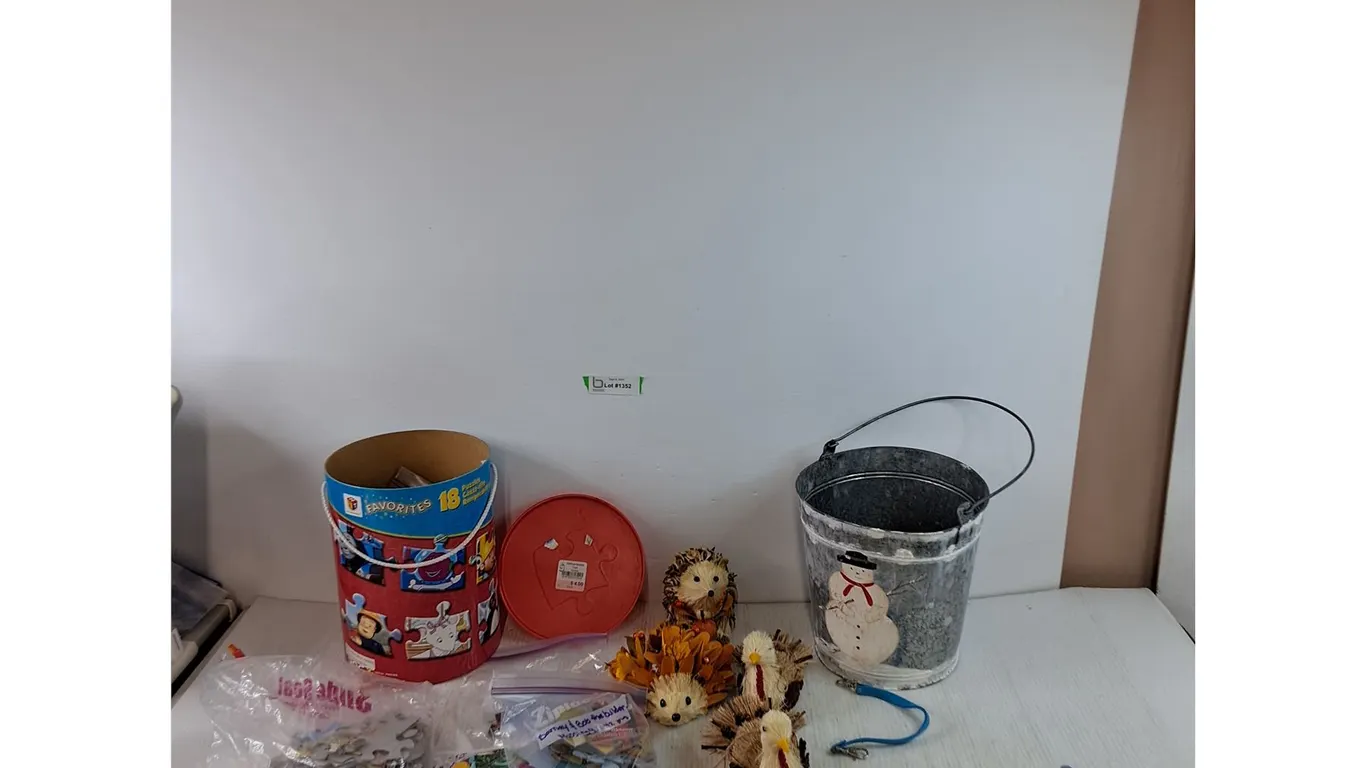 18 Puzzles For Children As-Is, Pair of Small Gloves, Small Turkey and Porcupine Sculptures, Snowman