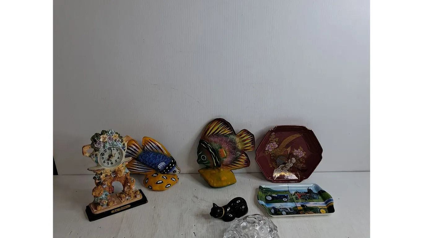 Grandfather Style Clock 9", (2) Decorative Plates Up To 8.5", (2) Fish Figurines 8", Misc
