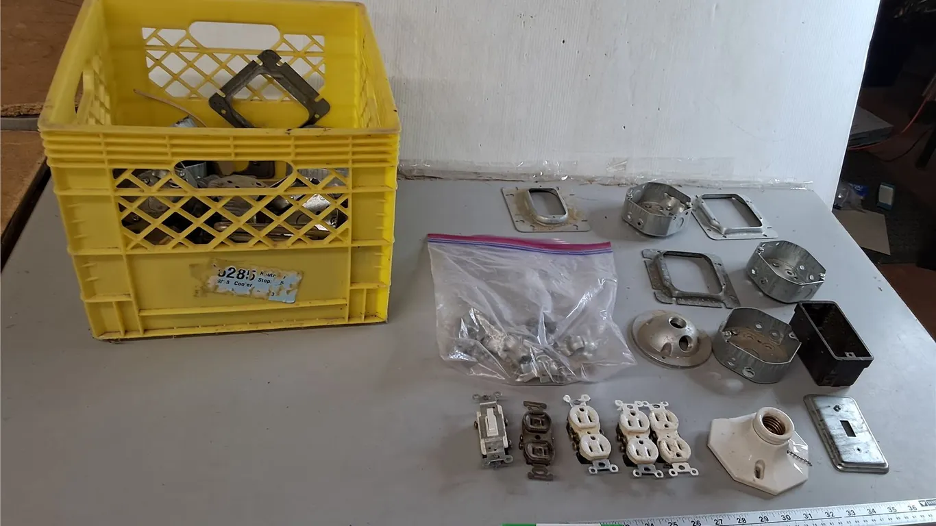 Milk Crate 13" x 13" x 11", Electrical Receptacles, Light Switch, Box Components, Misc.