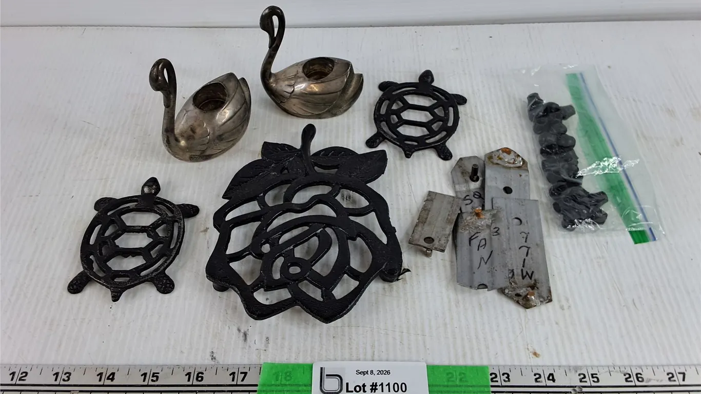 Silver Swan Candle Stick Holders, Cast Iron Trivets, Misc