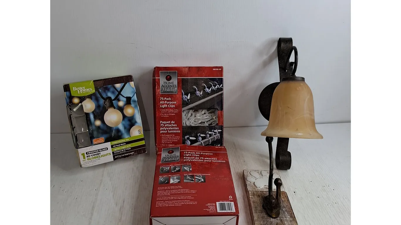 (2) (75) Pack All Purpose Light Clips, (20) Count Globe Lights, Decorative Wall Mount Hook, Misc