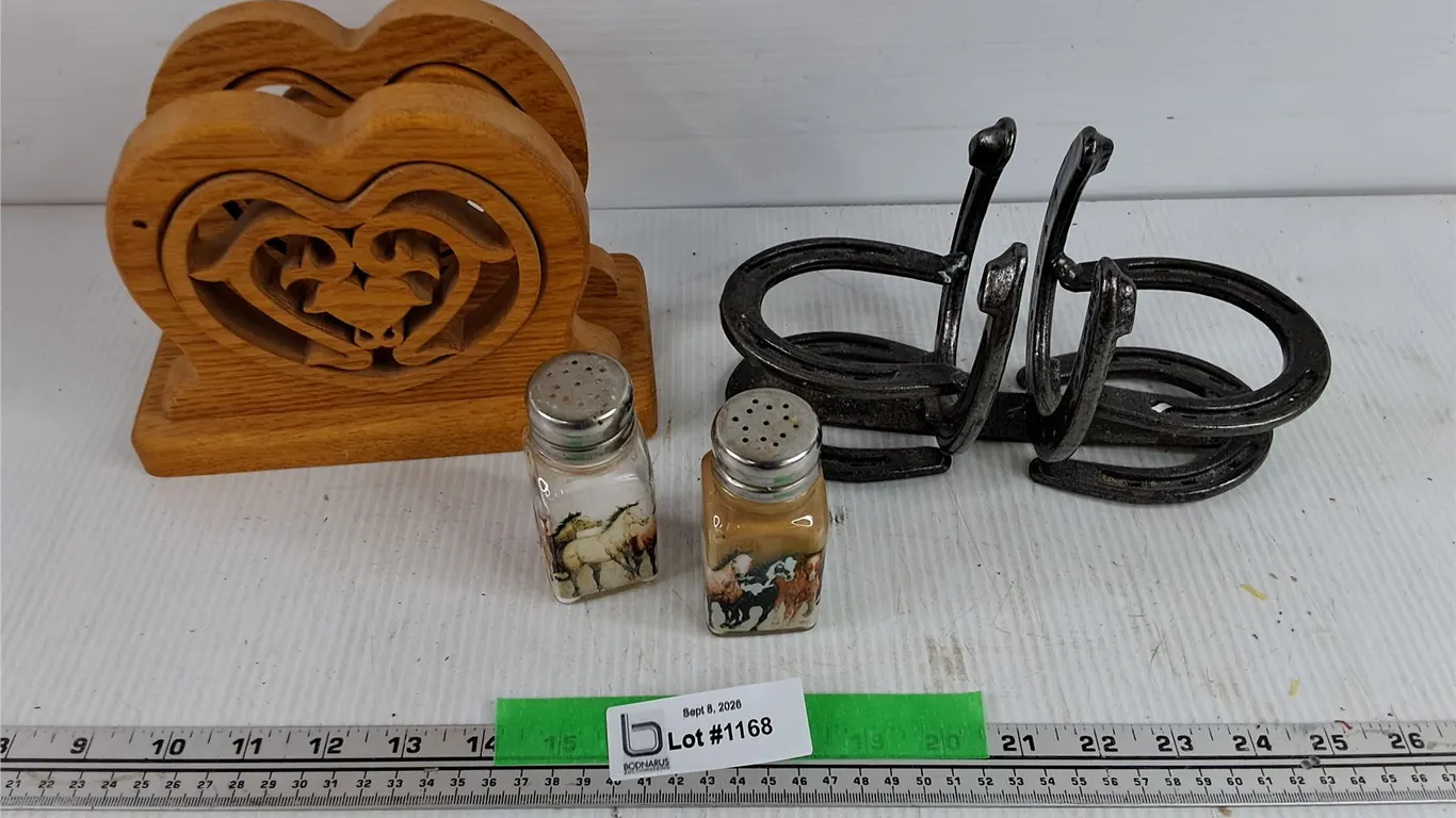 Wooden Tissue Holder, Horse Themed Salt & Pepper Shakers , Horse Shoe Spice Shaker Caddy