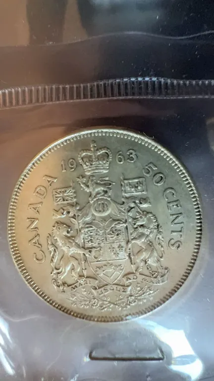 1963 Canada 50 Cent Coin, 80% Silver, British Arms Reverse