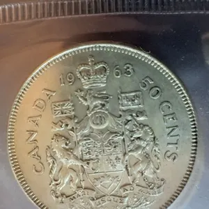 1963 Canada 50 Cent Coin, 80% Silver, British Arms Reverse