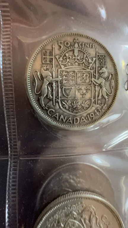 1943 Canada 50 Cents Coin, 80% Silver, 11.66g, George VI