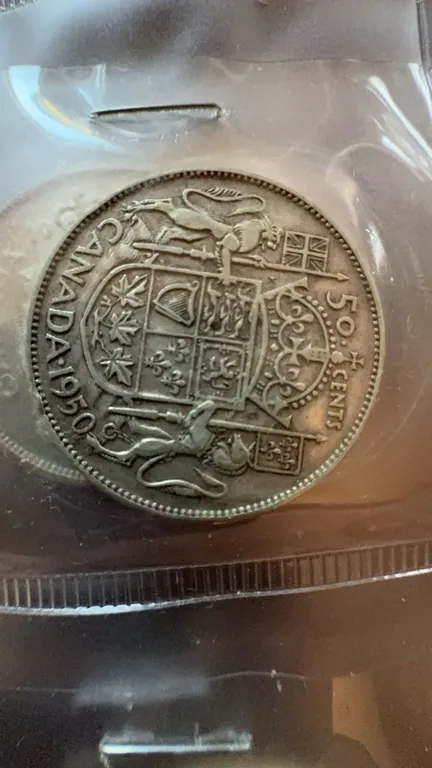 1950 Canada 50 Cent Coin, 80% Silver, British Arms Reverse