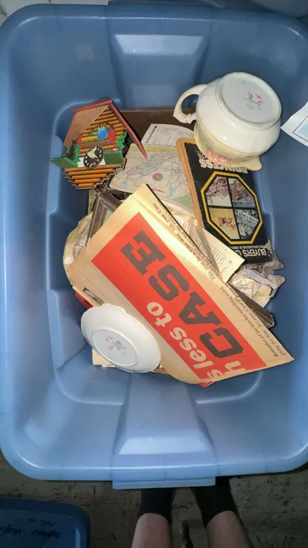Bin of Assorted Collectibles, Books, Ceramics and Clock