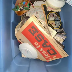 Bin of Assorted Collectibles, Books, Ceramics and Clock