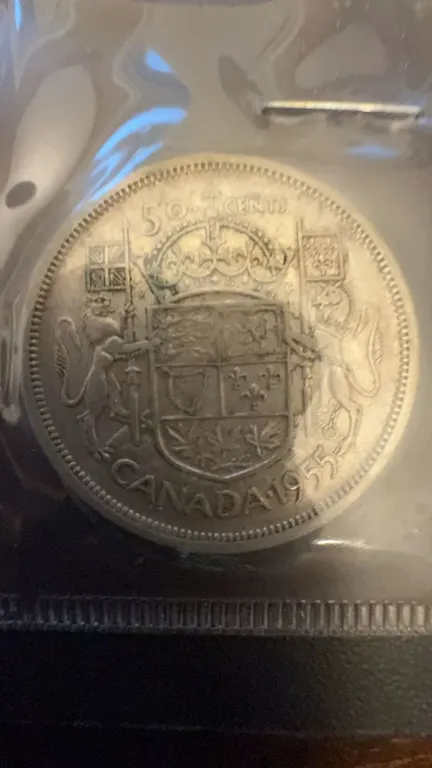 1955 Canada 50 Cent Coin, 80% Silver, 0.30 Troy Oz, 11.66g