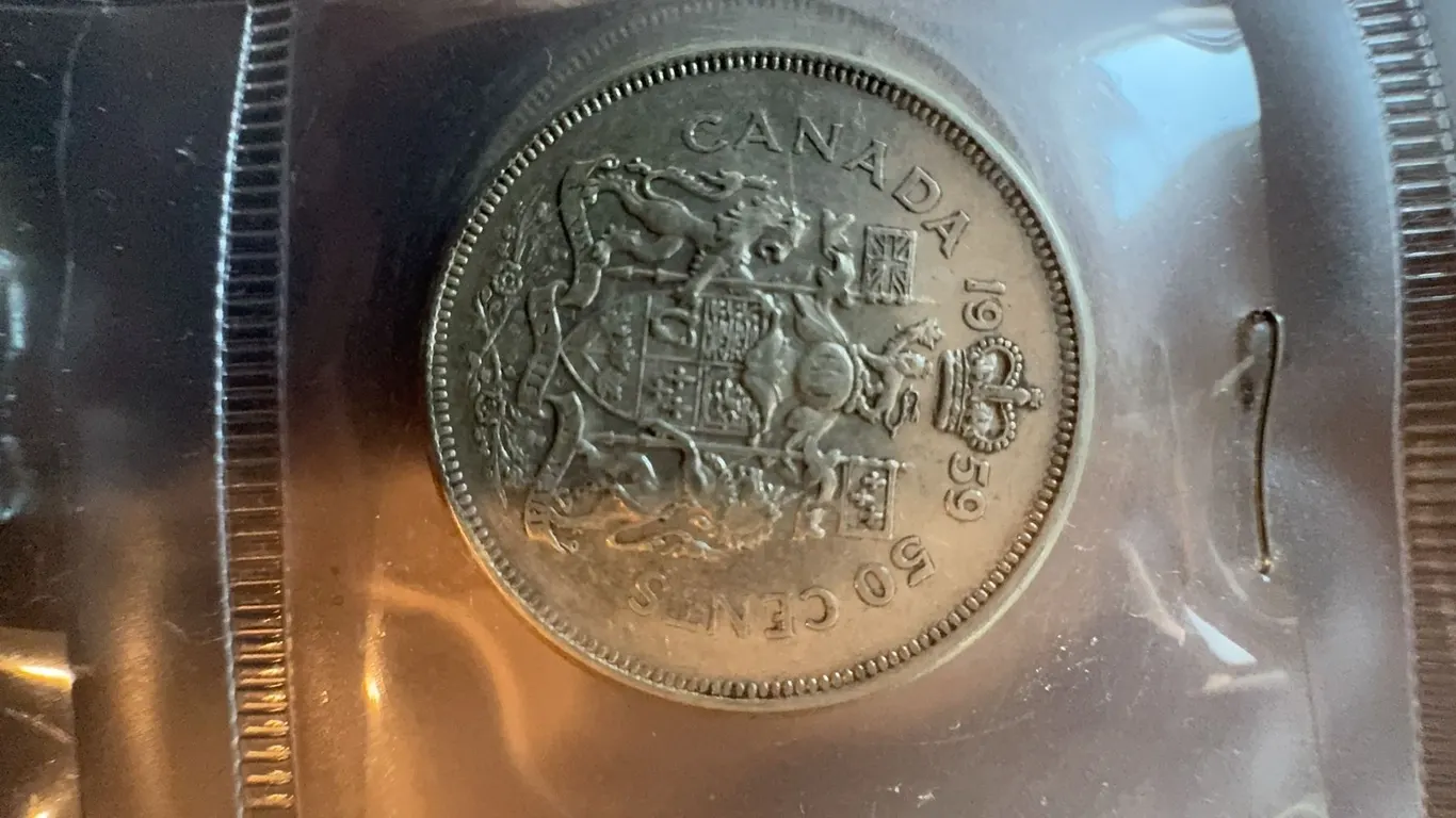 1959 Canadian 50 Cents Coin, 80% Silver, British Arms Reverse